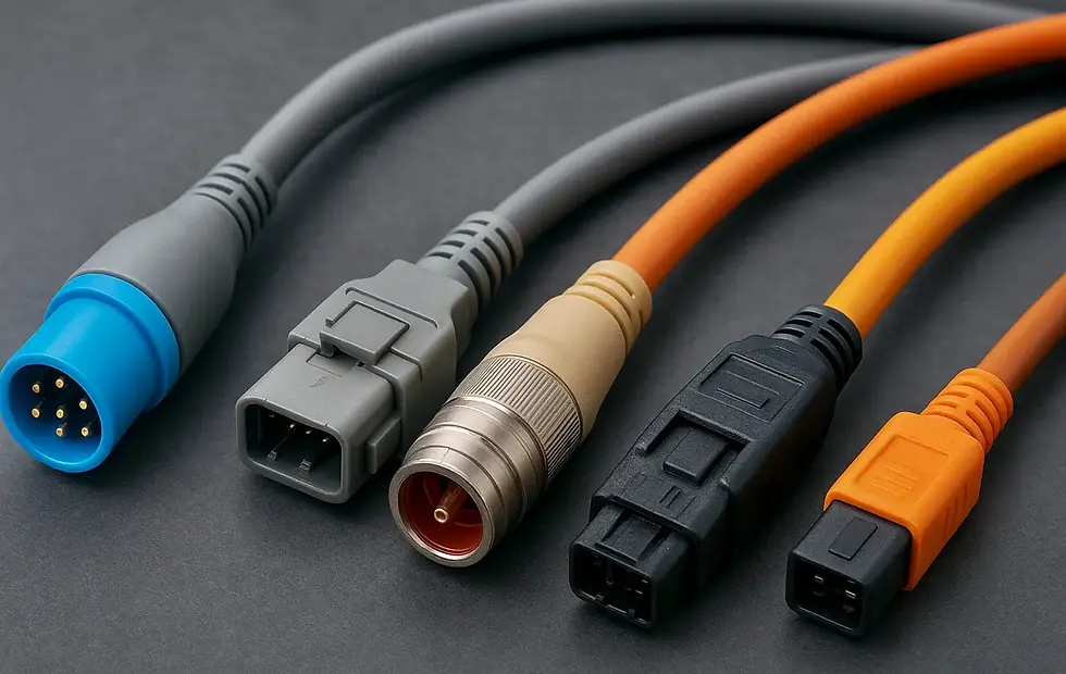 Colored cables with various connectors on a dark surface. Blue, gray, beige, black, and orange cables are arranged side by side.