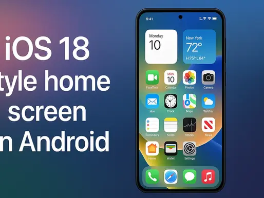 Smartphone showing iOS 18-style home screen on Android with apps and widgets. Text beside reads "iOS 18 style home screen on Android".