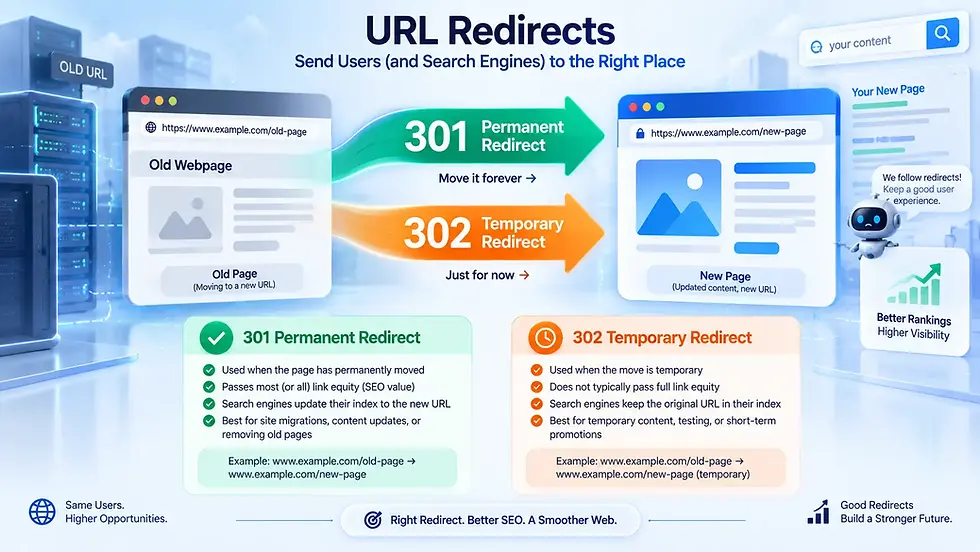 Infographic on URL redirects showing old webpage to new page via green 301 permanent and orange 302 temporary arrows, SEO tips.