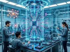 Engineers in a futuristic lab study a glowing holographic microchip and circuit diagrams on tablets.