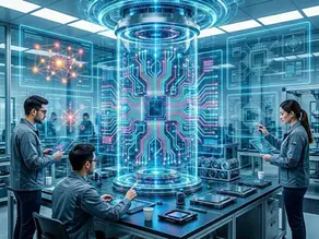 Engineers in a futuristic lab study a glowing holographic microchip and circuit diagrams on tablets.