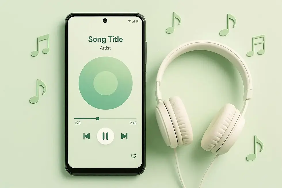 Smartphone with music app showing "Song Title" and controls, next to white headphones. Green musical notes on pastel green background.