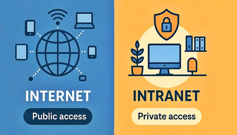 Split image: Internet with globe on blue, labeled "Public access." Intranet with computer on orange, labeled "Private access."