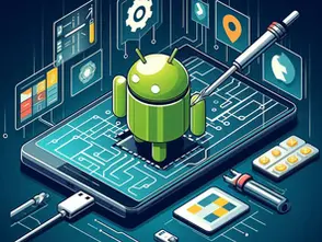 Futuristic tech scene with Android robot on a large smartphone, surrounded by digital screens, tools, and circuits, in cool blue tones.