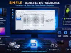 Infographic showing a BIN file on a desktop screen, with Windows, macOS, and Android icons and uses for backups and firmware.