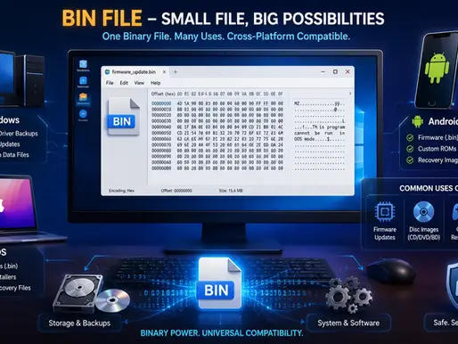 Infographic showing a BIN file on a desktop screen, with Windows, macOS, and Android icons and uses for backups and firmware.