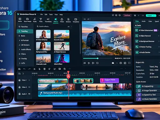 Desktop monitor shows Wondershare Filmora 16 video editor with AI tools, timeline, and travel preview; neon office background.