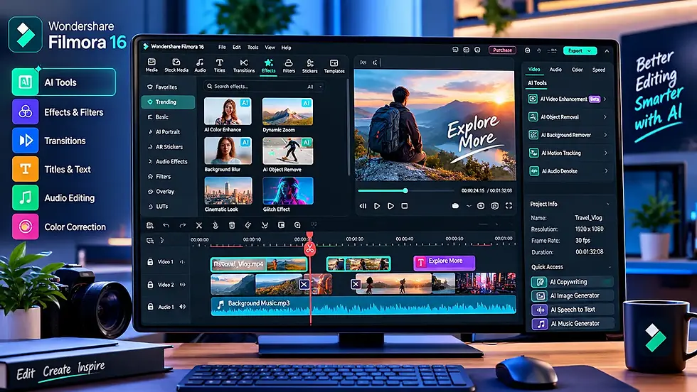 Desktop monitor shows Wondershare Filmora 16 video editor with AI tools, timeline, and travel preview; neon office background.