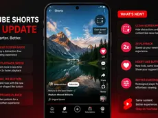 YouTube Shorts new update promo showing clear screen mode, 2x playback, heart like button, and improved controls on a phone screen.