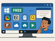 Illustration of a Windows desktop featuring icons of free productivity and utility apps used by professionals.