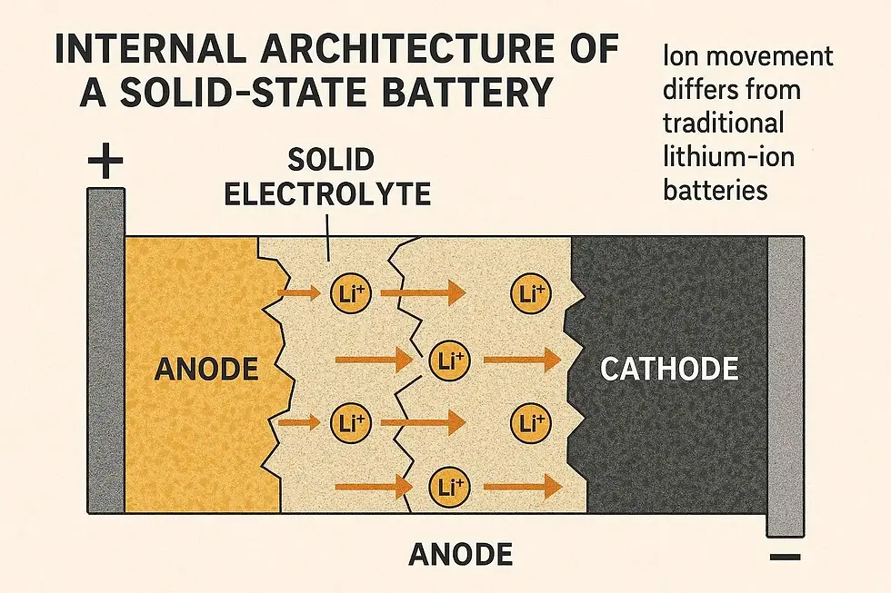 Diagram of a solid-state battery showing ion movement from anode to cathode via solid electrolyte. Text highlights its distinction from lithium-ion batteries.