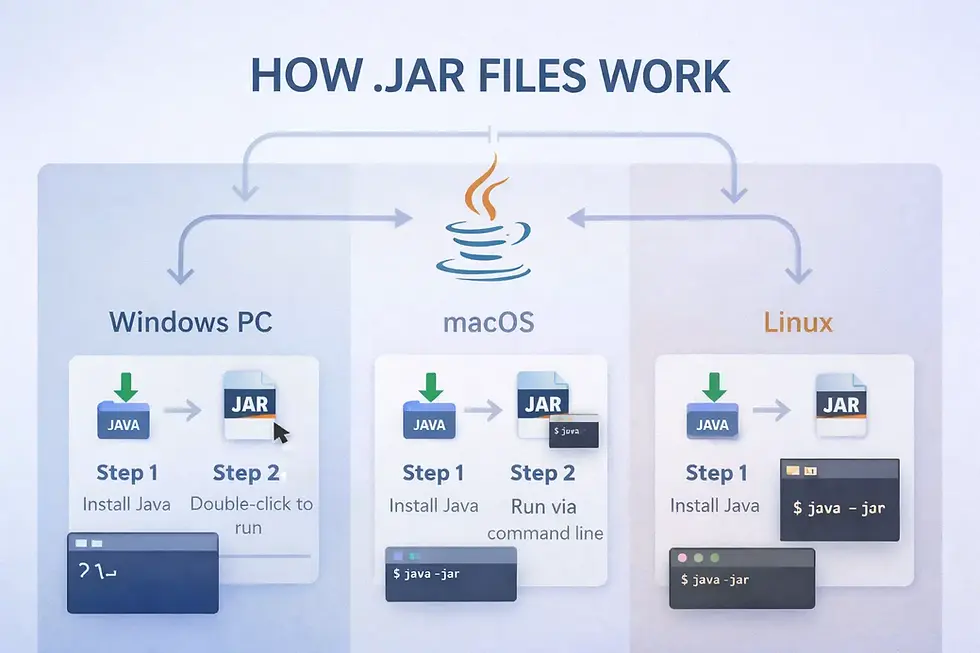 Diagram showing how .JAR files work on Windows, macOS, Linux. Steps include installing Java and running .JAR via double-click or command line.