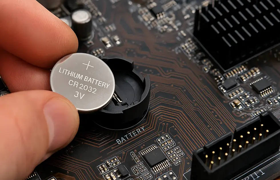 A hand inserts a silver CR2032 lithium battery into a socket on a circuit board. The board has intricate copper traces and visible components.