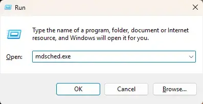 Windows Run dialog with mdsched.exe entered in the Open field and OK, Cancel, and Browse buttons visible