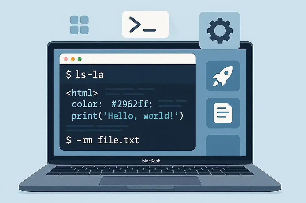 Laptop displaying terminal and code on screen. Icons and blue background suggest a tech theme. Text includes "$ ls-la" and "print('Hello, world!')".
