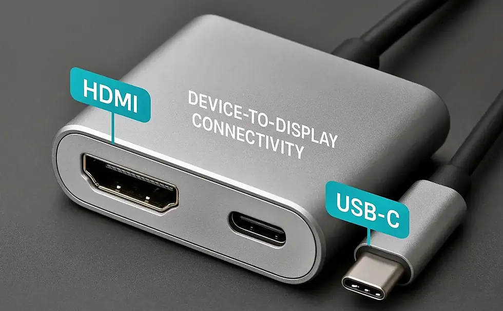 Silver adapter with HDMI and USB-C ports labeled. "Device-to-Display Connectivity" text on adapter. Dark background.