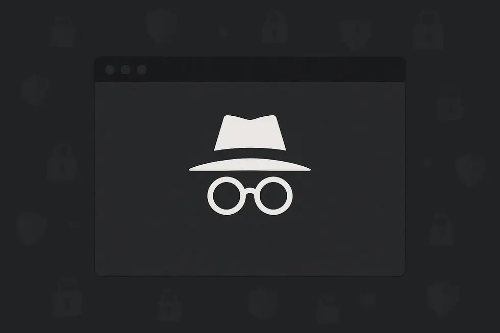 A gray icon of a hat and glasses represents incognito mode on a dark browser window background with subtle lock patterns.