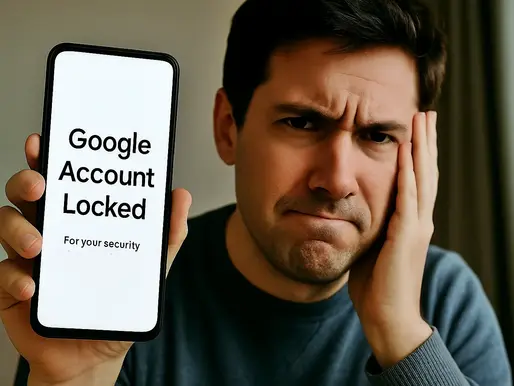 Man holding phone displaying "Google Account Locked" text, looking concerned, indoors. He's wearing a blue shirt, with a neutral background.