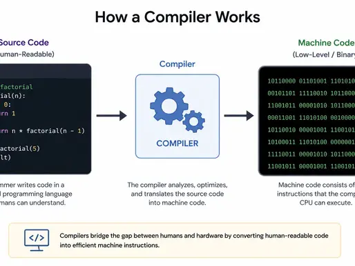 Diagram showing "How a Compiler Works": Source code, compiler with gears icon, machine code in binary. Text explains code translation.
