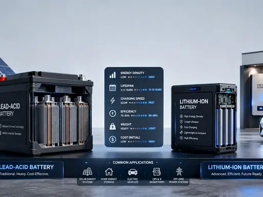 Infographic comparing lead-acid and lithium-ion batteries with solar panels and EV, showing efficiency, lifespan, and cost stats.