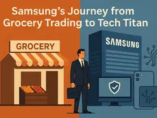 Flat vector illustration showing Samsung's evolution from a grocery trading business to a global tech giant, highlighting milestones in electronics, mobile phones, and innovation.