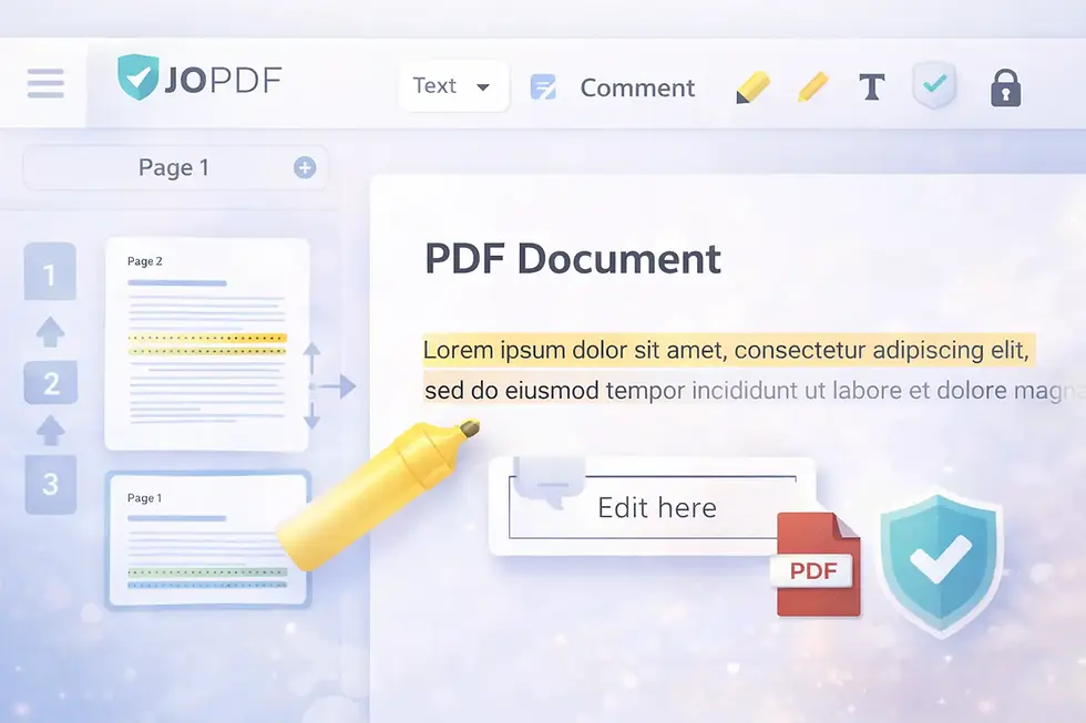 PDF editing interface displaying tools and highlighted text. Yellow highlighter marks text, with icons for text, comments, and PDF.