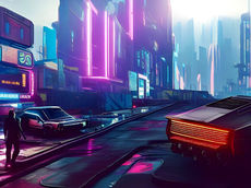 Futuristic cityscape with neon-lit buildings in pink and blue hues. A person walks near sleek cars on a wet street, evoking a cyberpunk vibe.