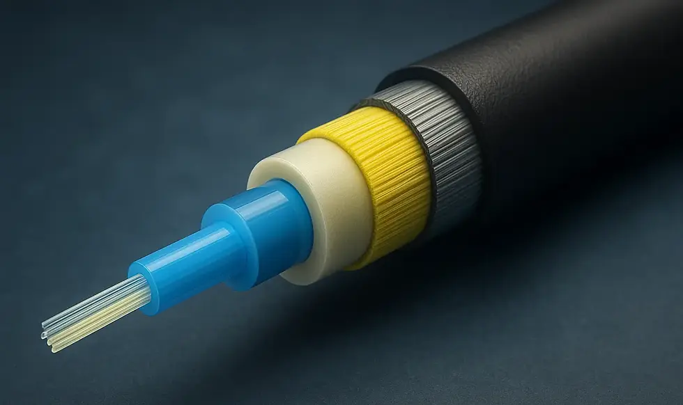 Close-up of a fiber optic cable with a blue, yellow, and black sheath on a dark surface. The cable's fibers are exposed at one end.