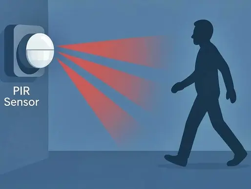 Silhouette of a person walking in front of a PIR sensor on a blue wall. Red detection beams are emitted. Text reads "PIR Sensor."