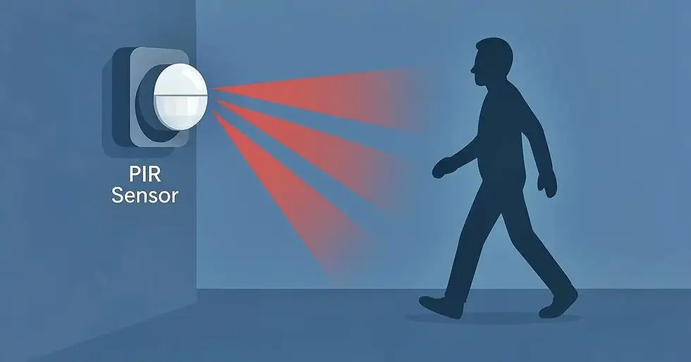 Silhouette of a person walking in front of a PIR sensor on a blue wall. Red detection beams are emitted. Text reads "PIR Sensor."