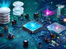 Futuristic circuit board with glowing blue microchip at center, surrounded by metallic components and neon lights, conveying innovation.
