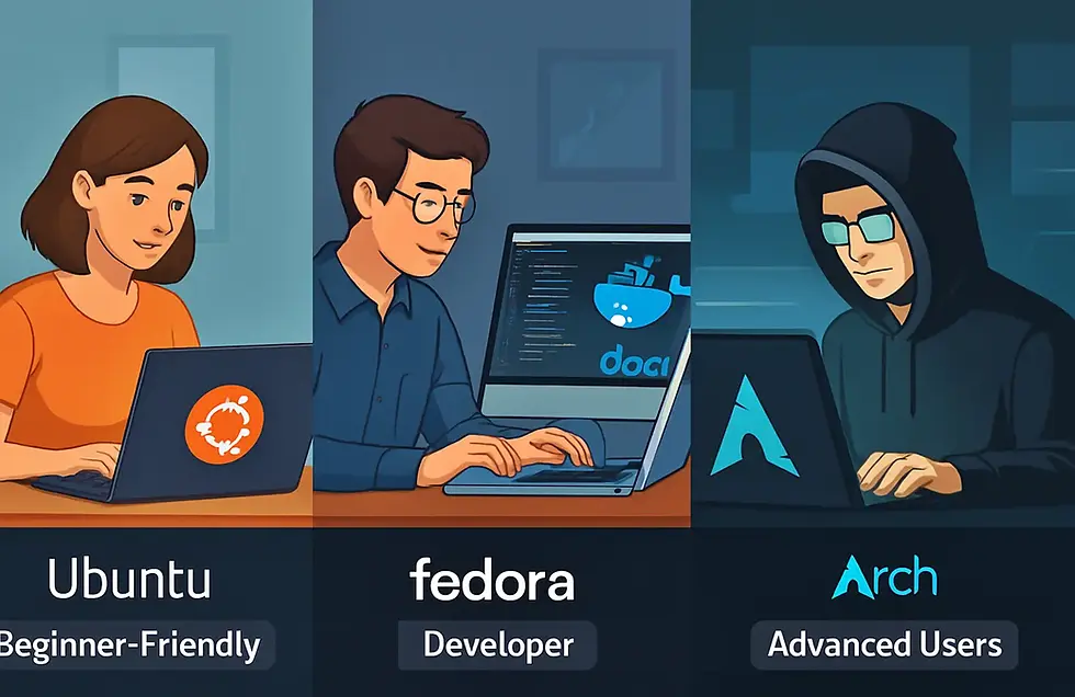 Three people, each using different laptops: Ubuntu for beginners, Fedora for developers, and Arch for advanced users. Text and logos visible.