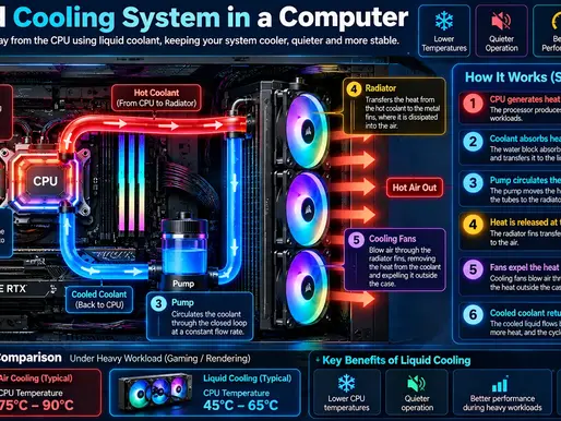 Neon infographic of a PC liquid cooling system, showing CPU, pump, radiator, fans, arrows, and text about lower temps and better performance.