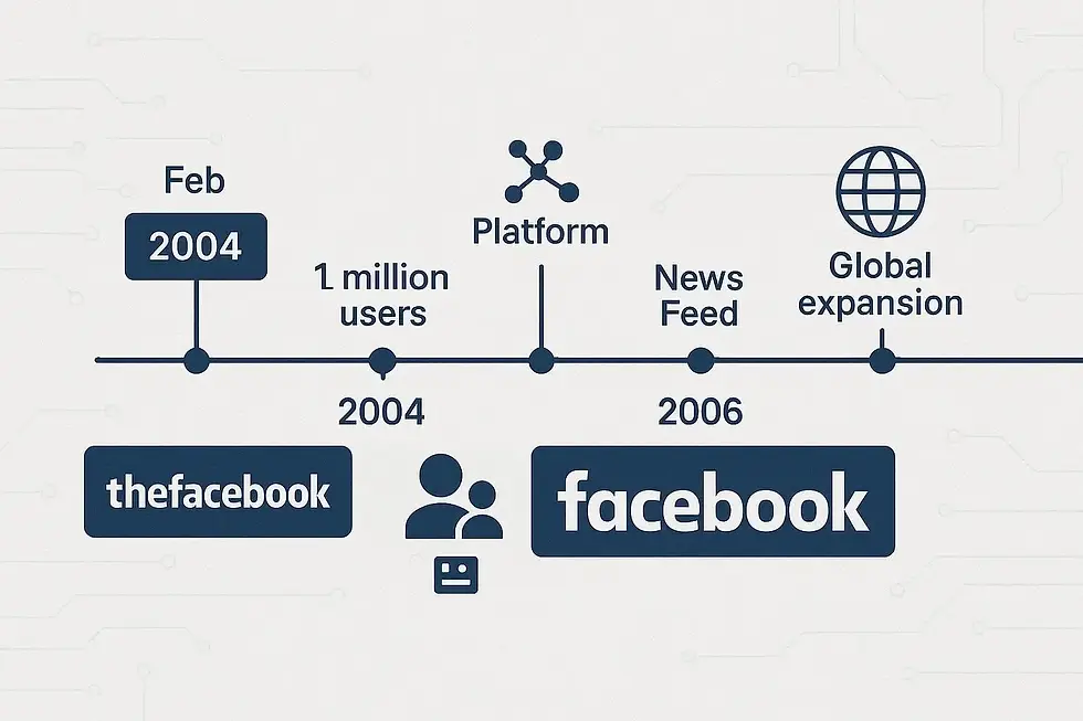 Timeline illustration of Facebook from 2004; rebranding, user milestones, platform launch, News Feed in 2006, and global growth.