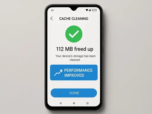 Smartphone displaying a cache cleaning result with a green checkmark: "112 MB freed up." Buttons read "Performance Improved" and "Done."