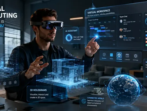 Man in AR headset interacts with glowing holographic 3D home and globe interface in a dark office; text says Spatial Computing.