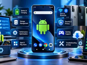 Android smartphone on glowing platform with icons for battery, storage, Wi‑Fi, privacy, gaming, and fixes in a tech workspace.