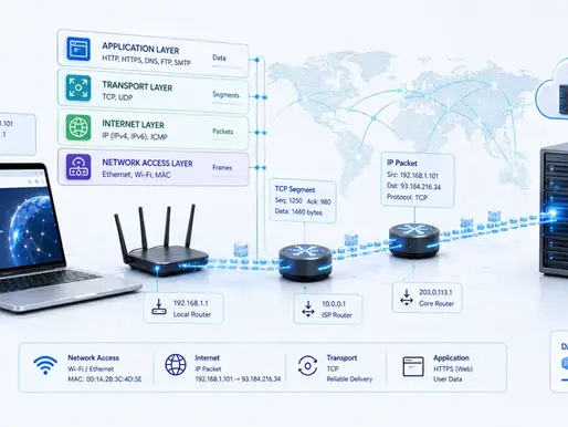 Infographic of web data flow from phone, laptop and Wi‑Fi router through TCP/IP layers to a web server, with packet labels.