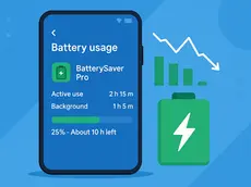 A flat-style digital illustration of a modern Android phone displaying battery analytics with background apps being managed, highlighting battery saver app functionality in real use.