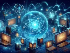 Illustration showing quantum entanglement and secure communication in quantum internet.