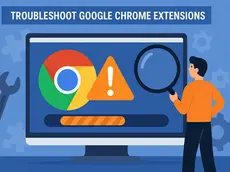 A flat-style digital illustration shows a person examining a computer screen with a magnifying glass. The screen displays the Google Chrome logo, a warning triangle with an exclamation mark, and a loading bar—symbolizing troubleshooting Chrome extensions. Surrounding elements include gears, a wrench, and puzzle pieces, reinforcing the repair theme.