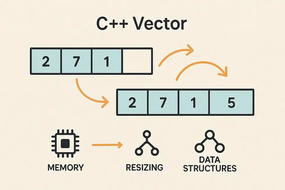 C++ Vector diagram shows resizing process. Arrows point from initial vector (2, 7, 1) to resized vector (2, 7, 1, 5). Includes memory and structure icons.