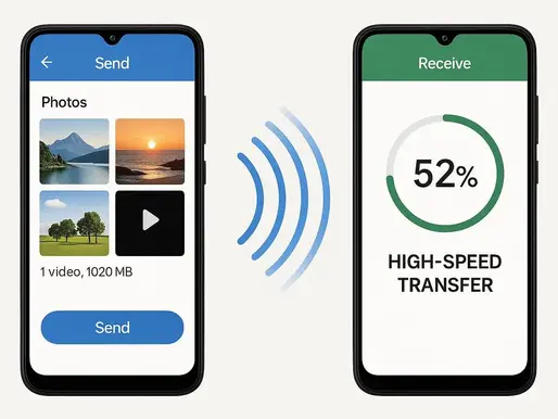 Two smartphones: left shows photo/video files and "Send"; right shows "Receive" with 52% transfer progress. Blue waves indicate data transfer.