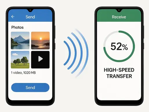 Two smartphones: left shows photo/video files and "Send"; right shows "Receive" with 52% transfer progress. Blue waves indicate data transfer.