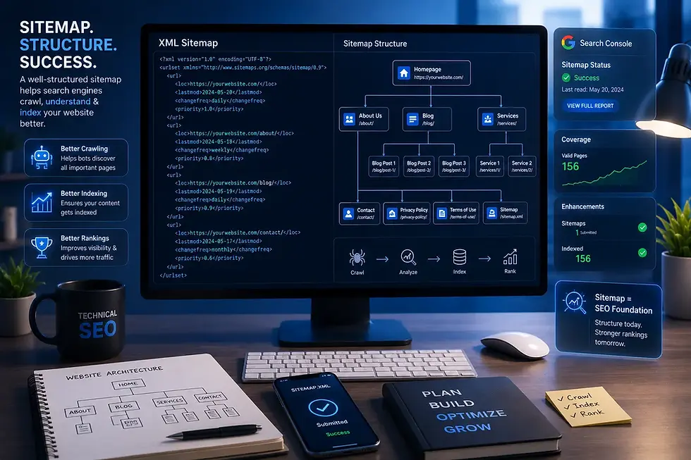 A modern SEO workspace showing a website sitemap structure displayed on a large monitor with XML code, interconnected webpage nodes, and search engine indexing visuals. The scene includes Google Search Console-inspired analytics, website architecture diagrams, and clean blue-toned digital marketing aesthetics representing technical SEO and sitemap creation.
