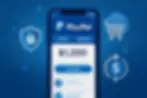 Smartphone with PayPal app displaying $1,200 transfer on blue tech-themed background. Icons of a lock, shopping cart, and currency exchange.