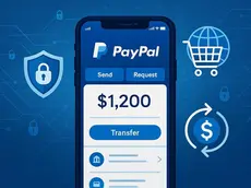 Smartphone with PayPal app displaying $1,200 transfer on blue tech-themed background. Icons of a lock, shopping cart, and currency exchange.