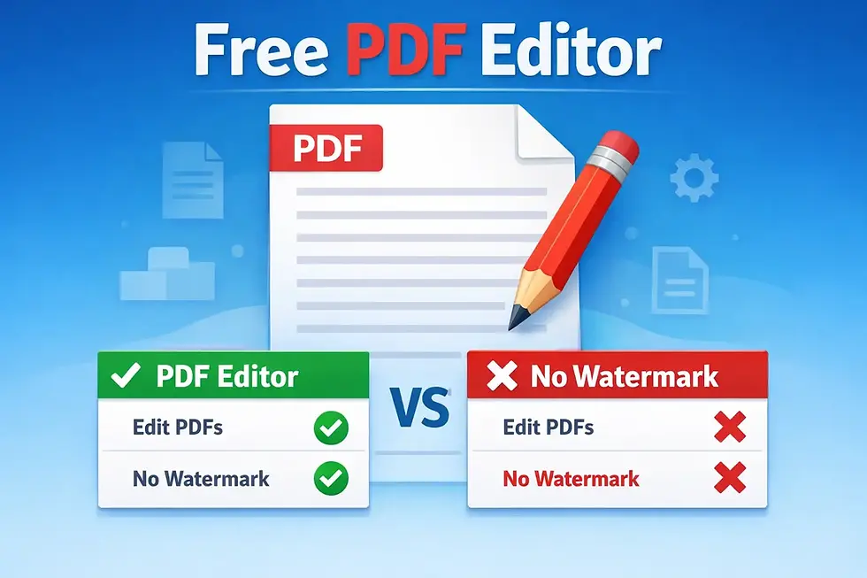 Free PDF Editor logo with blue background, large paper icon, red pencil, and checklist comparing features like editing PDFs and watermark.