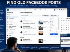 Blue Facebook promo screen showing activity log, date filters, keyword search, and old posts with calendar.