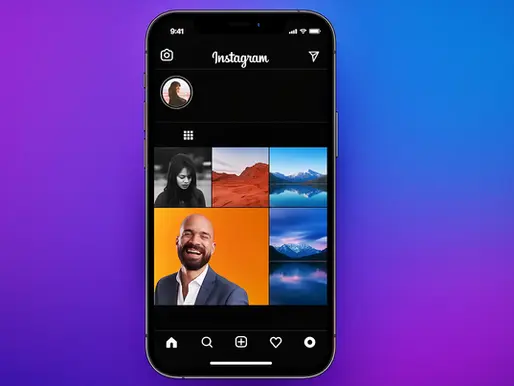 Smartphone displaying Instagram profile in dark mode. Gallery shows nature photos and a smiling man. Background is a purple-blue gradient.
